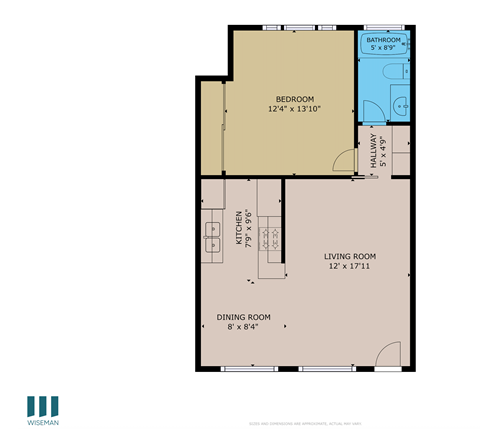 Floor plan for 1 bed, 1 bath, 645 sqft